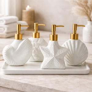 Coastal Shell Tvålpump Keramik Badrum Pumpflaska Guld Lotion Dispenser Vanity Dekor