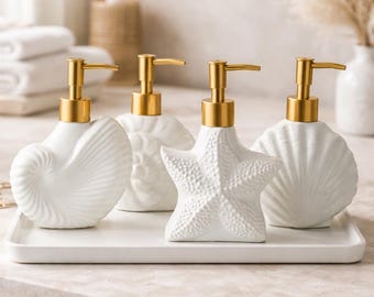 Coastal Shell Soap Dispenser Ceramic Bathroom Pump Bottle Gold Lotion Dispenser Vanity Decor