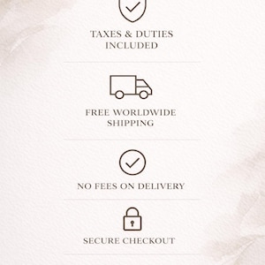 May include: A graphic display for NANCY BATH ATELIER featuring dark brown icons and text on a light background. The text includes: TAXES & DUTIES INCLUDED, FREE WORLDWIDE SHIPPING, NO FEES ON DELIVERY, SECURE CHECKOUT, and Thoughtful design, made to order.