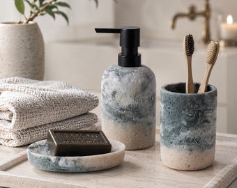 Travertine Bathroom Set, Stone Resin Soap Dispenser Decor Set