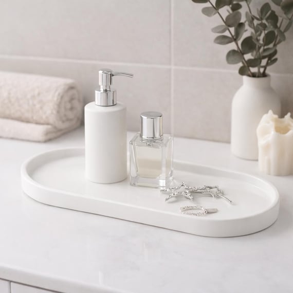 Minimalist Keramik Tablett Badezimmer Eitelkeit Organizer Oval Dekor Weiß Schwarz