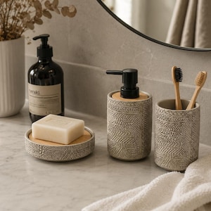 Set Scandinavische badkameraccessoires – set stenen zeepdispenser en wastafel