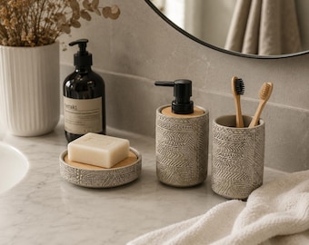 Juego de accesorios de baño nórdicos: dispensador de jabón de piedra y juego de decoración para tocador.