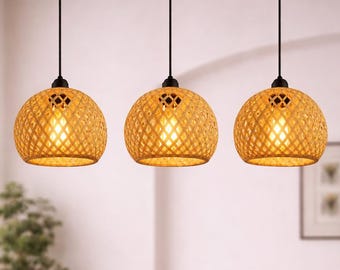 Bamboo Pendant Light, Woven Hanging Lamp, Boho Ceiling Fixture