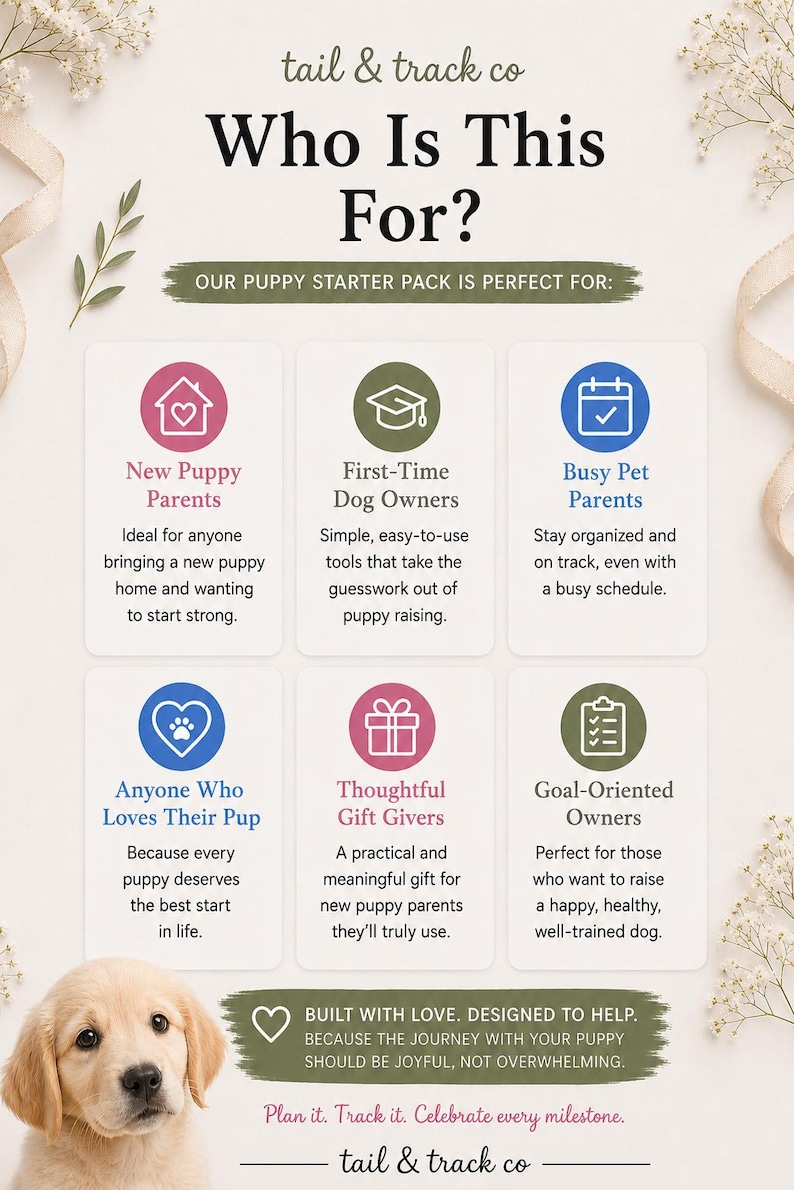 May include: A promotional graphic for a puppy starter pack, featuring text and icons. The text reads "Who Is This For?" and lists categories like "New Puppy Parents" and "First-Time Dog Owners." A golden retriever puppy is at the bottom.
