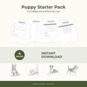 Op de afbeelding: Een vierpagina's tellend printbaar Puppy Starter Pack met een puppyprofiel, boodschappenlijst, zindelijkheidstracker en trainingslogboek. De pagina's bevatten tekstkoppen, selectievakjes en tabellen. Onderaan staan vier puppyschetsen.