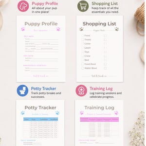 May include: A set of four printable puppy training tools, including a puppy profile, shopping list, potty tracker, and training log. The tools are designed to help new puppy owners track and celebrate milestones. The design is light and airy.