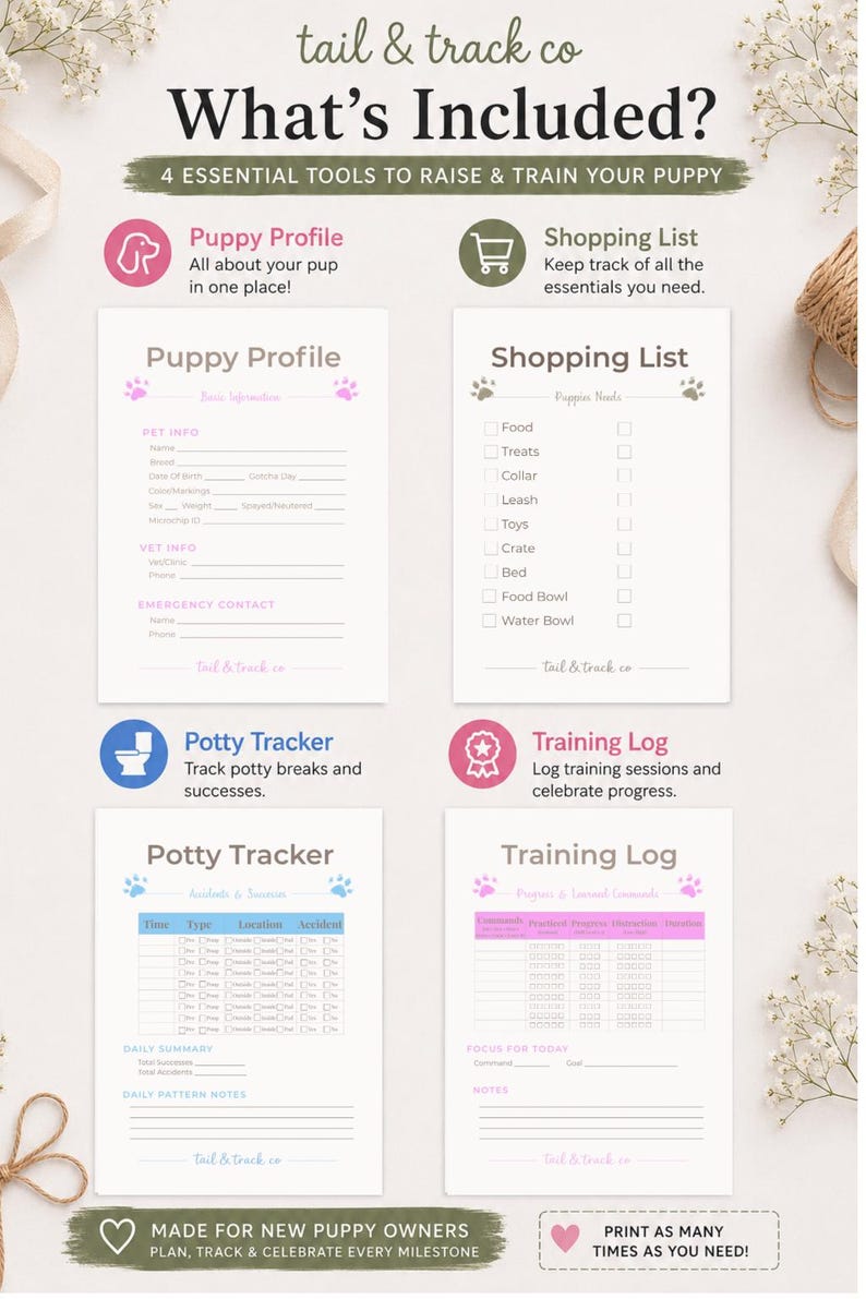 May include: A set of four printable puppy training tools, including a puppy profile, shopping list, potty tracker, and training log. The tools are designed to help new puppy owners track and celebrate milestones. The design is light and airy.
