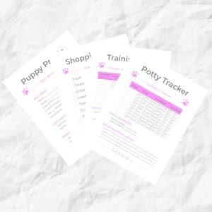May include: A collection of white paper sheets with pink accents, designed for pet care. The sheets include sections for puppy information, shopping lists, training programs, and a potty tracker. The text includes "Puppy Pr", "Shoppi", "Traini", and "Potty Tracker".