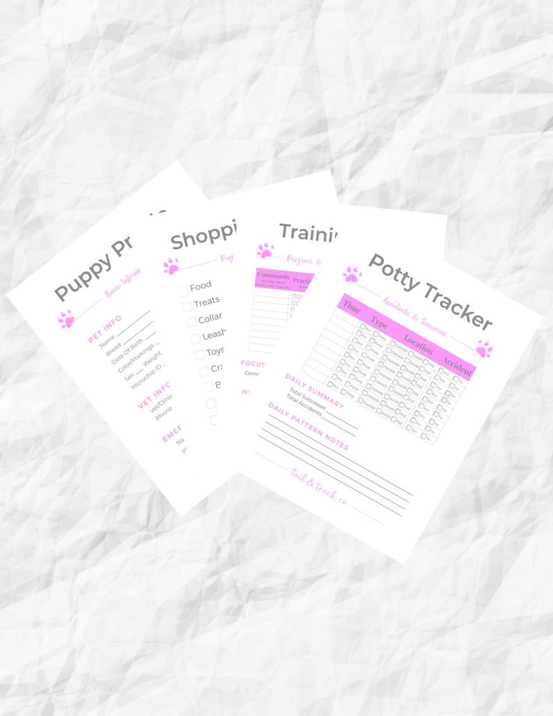 May include: A collection of white paper sheets with pink accents, designed for pet care. The sheets include sections for puppy information, shopping lists, training programs, and a potty tracker. The text includes "Puppy Pr", "Shoppi", "Traini", and "Potty Tracker".
