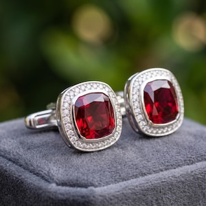 Cushion Cut Lab Ruby Sterling Silver Men's Cufflinks (10x10mm) – Groom Gift