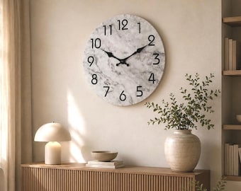 Marble Effect Wall Clock, Silent Quartz Movement, Scandinavian Minimalist Decor