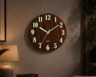 Glow in The Dark Wall Clock, Silent Wooden Wall Clock, 12 Inch Round Clock, Rustic Home Decor, Living Room Clock Gift