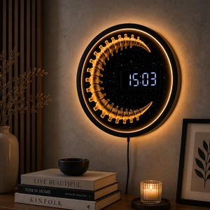 Horloge murale LED 3D en forme de lune, horloge murale numérique de 30 cm, décoration gothique, décoration de chambre style dark cadence, veilleuse USB