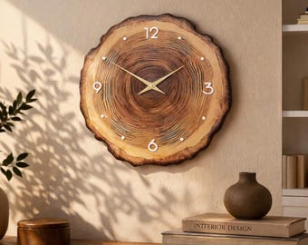 Wood Slice Wall Clock, Rustic Tree Ring Design, Silent Non Ticking, Farmhouse Decor