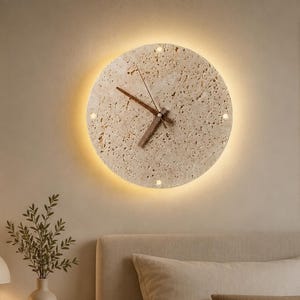 Reloj de pared de piedra, retroiluminación LED cálida, reloj silencioso minimalista moderno.