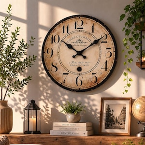 Vintage French Style Wall Clock, Distressed Wood Look Print, Silent Farmhouse Decor