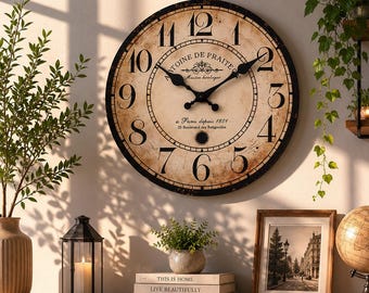 Vintage French Style Wall Clock, Distressed Wood Look Print, Silent Farmhouse Decor