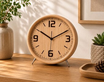 Natural Wood Grain Clock, 8.6 Inch Bamboo Silent Quartz Timepiece, Minimalist Scandinavian Decor