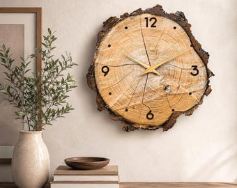 Rustic Wood Wall Clock, Tree Slice Clock, Natural Wooden Wall Decor, Silent Quartz Clock, Farmhouse Living Room Decor, Gift