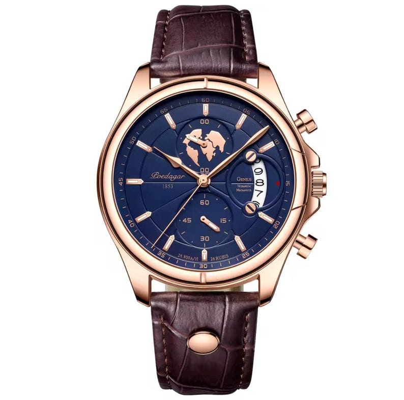 May include: A rose gold wristwatch with a dark blue face and brown leather band. The watch face features gold-colored hands and markers, with a world map design. The band is a dark brown, textured leather. The watch has multiple dials and buttons.