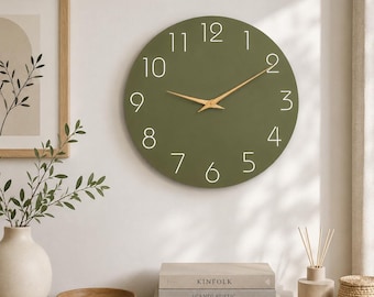 Olive Green Modern Wall Clock, Silent Scandinavian Minimalist Wood Home Decor