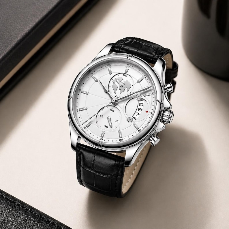 May include: A silver wristwatch with a white face and black leather band. The watch features a world map design and multiple sub-dials. The band has a crocodile pattern. The watch is a classic accessory.