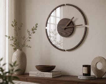 Minimalist Floating Wall Clock, Walnut Wood & Clear Acrylic Design, Silent Quartz Clock, Modern Home Decor, 35 cm