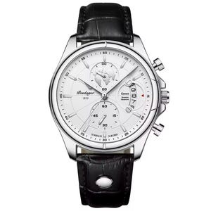 May include: A silver-toned wristwatch with a white face and black leather band. The watch face features multiple sub-dials, a world map design, and the text "Poedagar 1853". The watch has a date display and chronograph pushers.