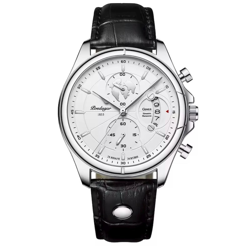 May include: A silver-toned wristwatch with a white face and black leather band. The watch face features multiple sub-dials, a world map design, and the text "Poedagar 1853". The watch has a date display and chronograph pushers.