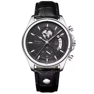 May include: A silver-toned wristwatch with a black face and a black leather band. The watch face features a world map design and the brand name "Poedagar". The watch has multiple dials and a date display. The band is approximately 9 inches long.
