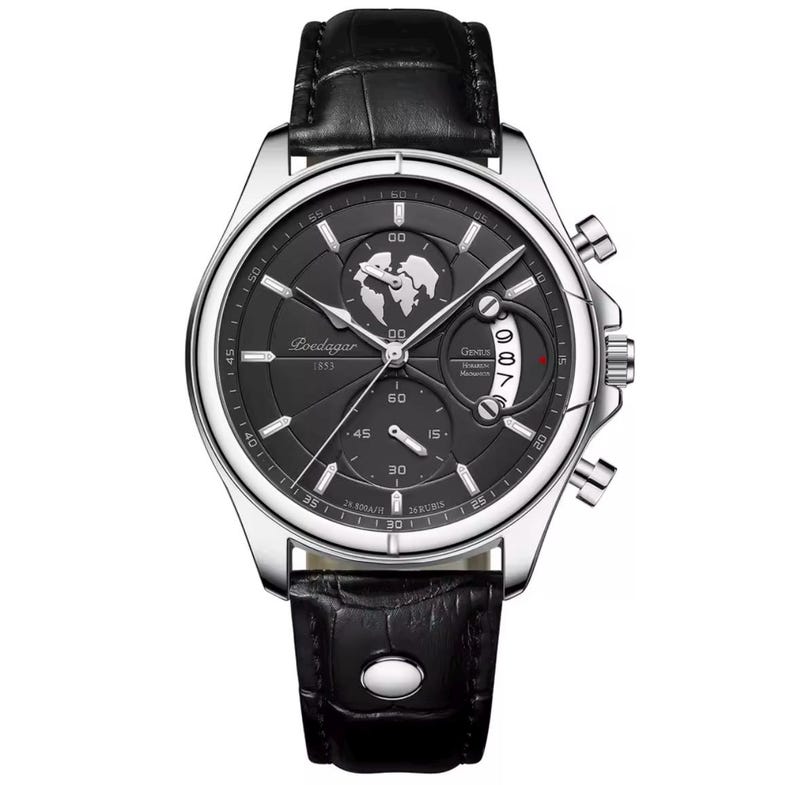 May include: A silver-toned wristwatch with a black face and a black leather band. The watch face features a world map design and the brand name "Poedagar". The watch has multiple dials and a date display. The band is approximately 9 inches long.