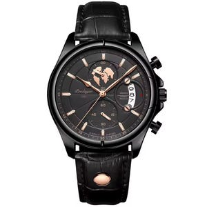 May include: Black wristwatch with a black leather band and a black face. The watch face features gold-colored hands, markers, and a world map design. The watch has a date display and the brand name "Loedagar 1853".