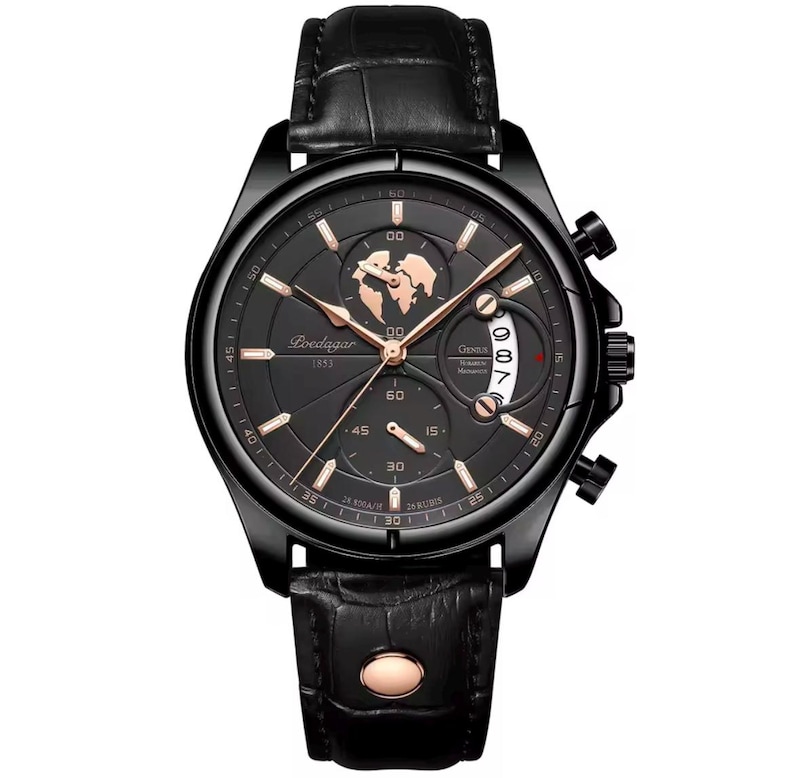 May include: Black wristwatch with a black leather band and a black face. The watch face features gold-colored hands, markers, and a world map design. The watch has a date display and the brand name "Loedagar 1853".