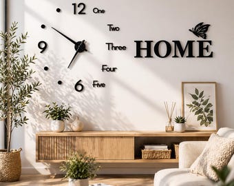 Conjunto de decoración de reloj de pared moderno grande, arte de pared para el hogar DIY con letras HOME, diseño minimalista para sala de estar, reloj silencioso, regalo para mamá