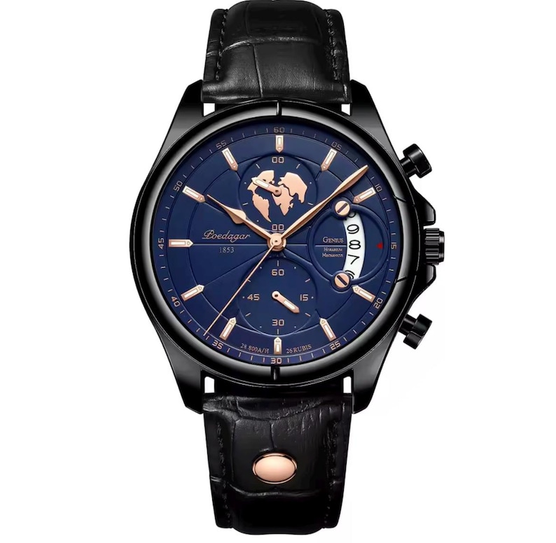 May include: Black wristwatch with a blue face and a black leather band. The watch face features gold-colored hands and markers, with the brand name "Poedagar" and the text "1853". The watch has a date display and a world map design.
