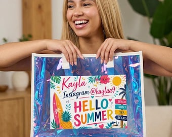 Personalized Holographic Beach Tote Bag, Hello Summer Vacation Pool Bag