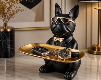 French Bulldog Butler Tray, Black Gold Organizer, Key Holder, Desk Accessory