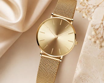 Bridesmaid Gift for Her, Rose Gold Women’s Watch, Minimalist Mesh Strap Watch, Quartz Wrist Watch, Anniversary Gift