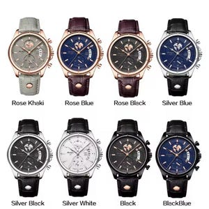 May include: Collection of eight wristwatches with leather straps. The watches feature various face colors, including rose khaki, rose blue, rose black, silver blue, silver black, silver white, black, and black blue. The text "BELT SERIES" is at the top.