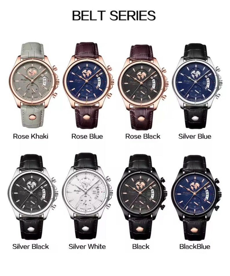 May include: Collection of eight wristwatches with leather straps. The watches feature various face colors, including rose khaki, rose blue, rose black, silver blue, silver black, silver white, black, and black blue. The text "BELT SERIES" is at the top.