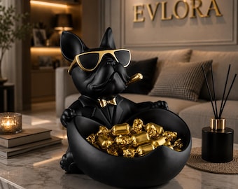 Lyxig godisskål för fransk bulldogg, svart förvaringsbricka för hundar, modern heminredning, bulldoggorganisatör i harts, soffbordsdekoration