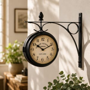 May include: A double-sided wall-mounted clock with a black metal frame and a decorative scroll bracket. The clock face is off-white with black Arabic numerals and the text "GRAND CENTRAL TERMINAL NEW YORK" printed in the center with black hands.