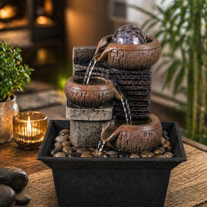 Op de afbeelding: Een gelaagde binnenfontein met een donkerbruine afwerking. Water stroomt uit drie getextureerde kommen in een zwart bassin gevuld met kiezels. Een decoratieve glazen bol staat bovenop de fontein. Een brandende kaars en groen zijn op de achtergrond.