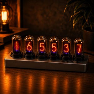 May include: A digital clock featuring six vertical glass vacuum tubes mounted on a rectangular silver base. Each tube displays a glowing orange numerical digit, specifically 1, 6, 5, 5, 3, and 7, set against a dark purple background inside the glass.