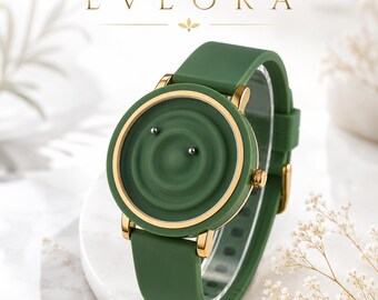 Green Magnetic Ball Watch, Minimalist Wrist Watch, Silicone Strap Timepiece, Modern Gift for Women, Waterproof 3ATM