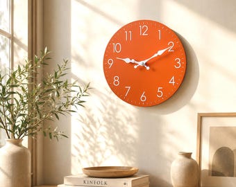 Modern Orange Wall Clock, Silent Scandinavian Design, Mid Century Living Room Decor