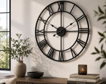 Large Black Metal Roman Numeral Wall Clock, Silent Farmhouse Wall Clock, Modern Minimalist Living Room Decor, Oversized Wall Clock