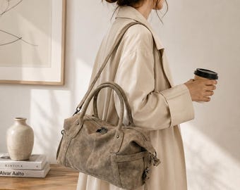 Vintage Leather Top Handle Bag, Large Shoulder Purse for Women