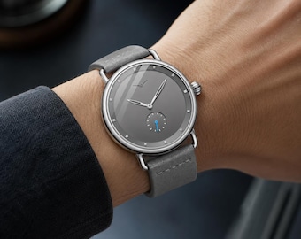 Minimalist Gray Leather Watch, Stainless Steel Case, Quartz Movement Timepiece
